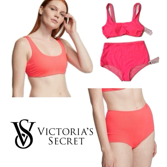 Victoria's Secret Coral Blaze Ribbed Bikini Swim Set Small - Picture 1 of 9